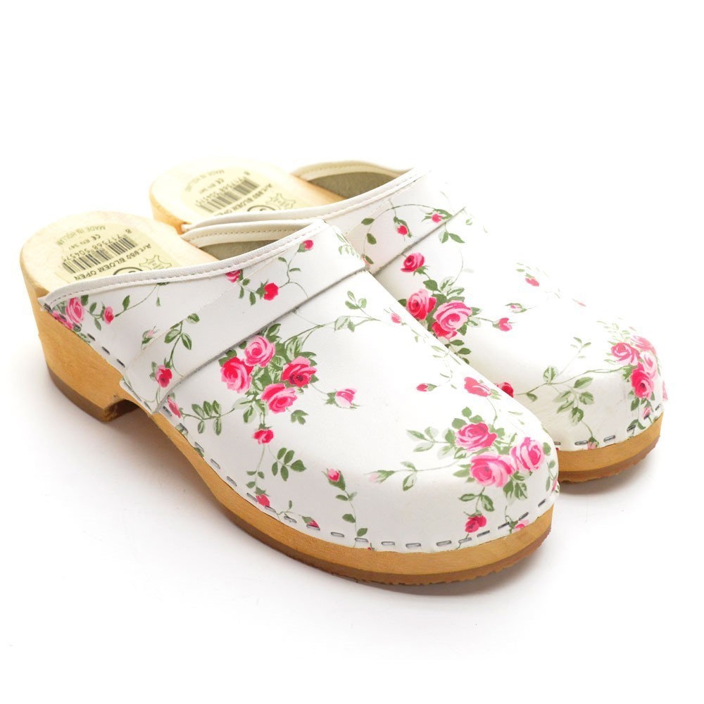 Simson Fleuriste White Floral Wooden Dutch Clogs 38 New